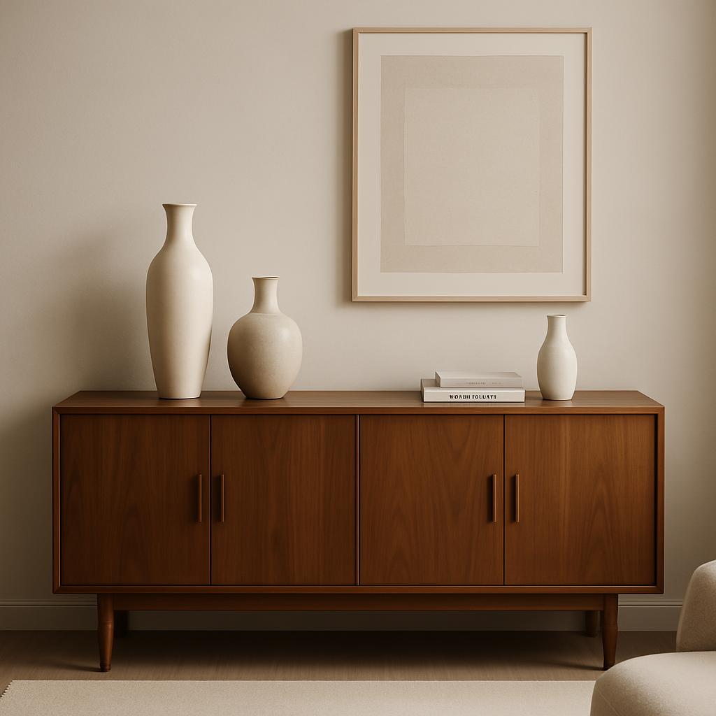 A mid-century modern sideboard with wooden cabinets and wooden accents, featuring fine grain details and a muted color pal...