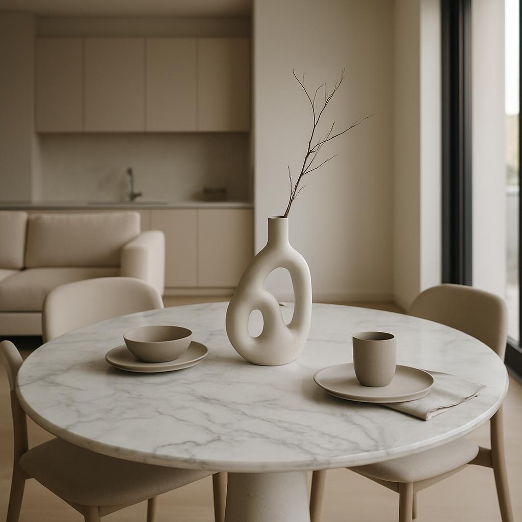 An interior dining space featuring a round white marble table with a tan chair surrounding it, adorned with beige utensils...
