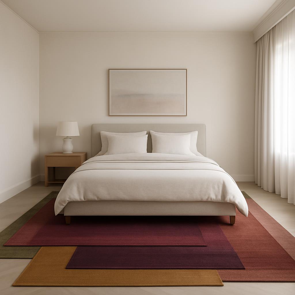 A large bedroom with beige-colored walls and lighter beige design elements, viewed from the left side. It contains a gray ...