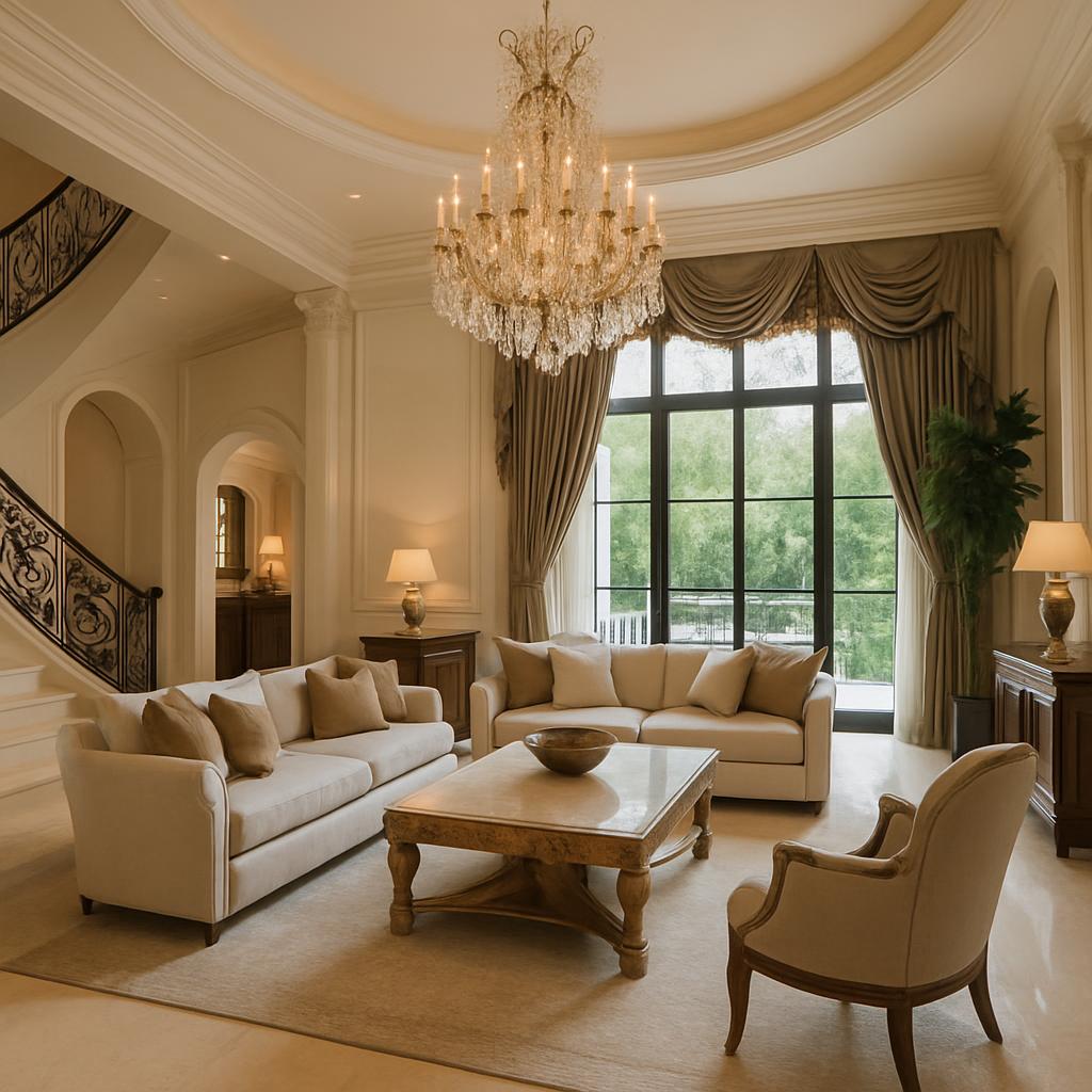 A luxurious living room with white and beige furnishings, a large crystal chandelier, and a large window overlooking a lus...