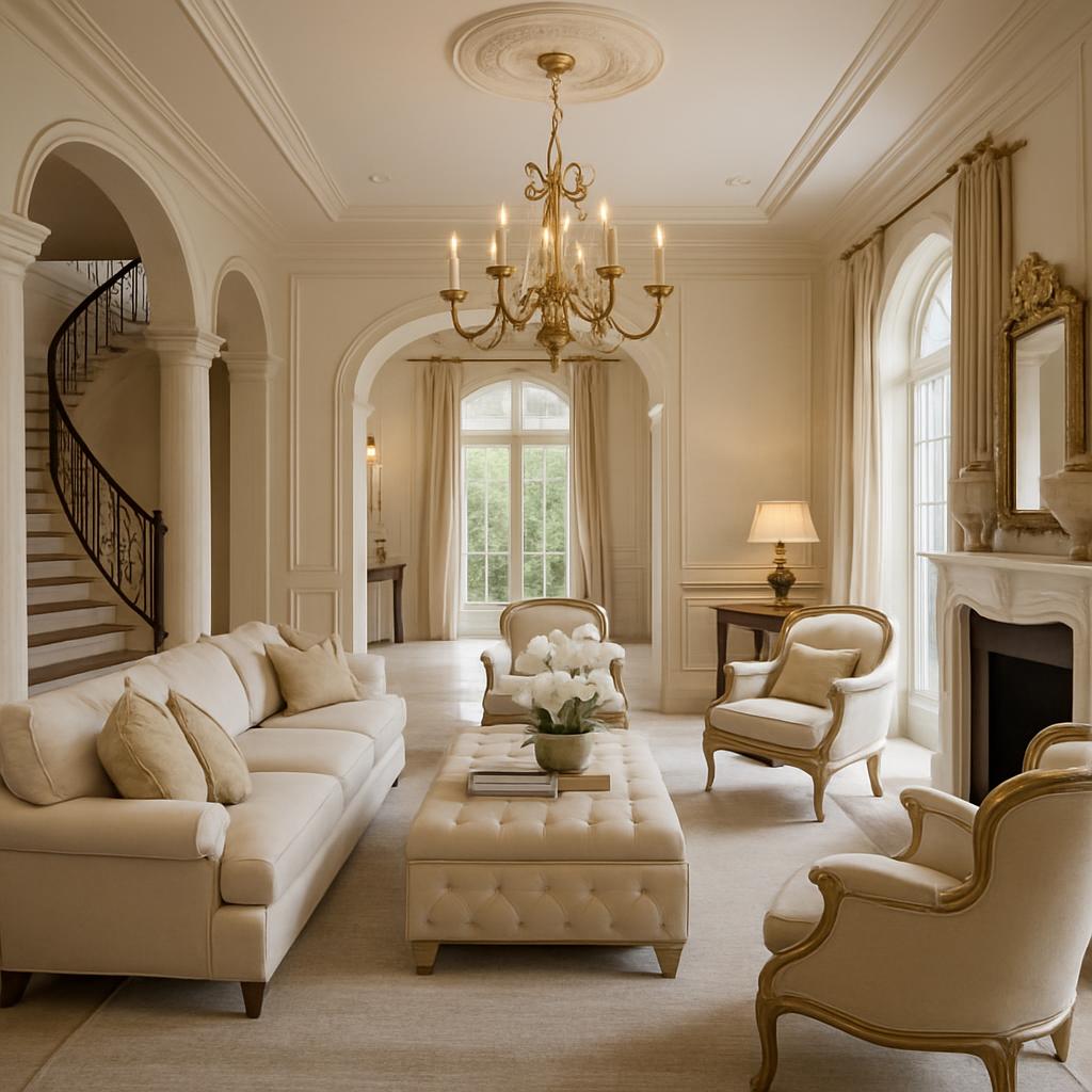 A formal, neutral-toned living room with a staircase on the left and a fireplace on the right. The room features white wal...