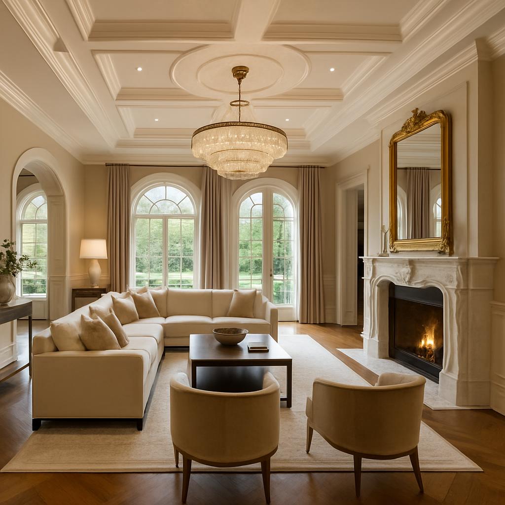 Luxurious living room with a fireplace and large windows, featuring a white couch, two chairs, and a chandelier for a soph...